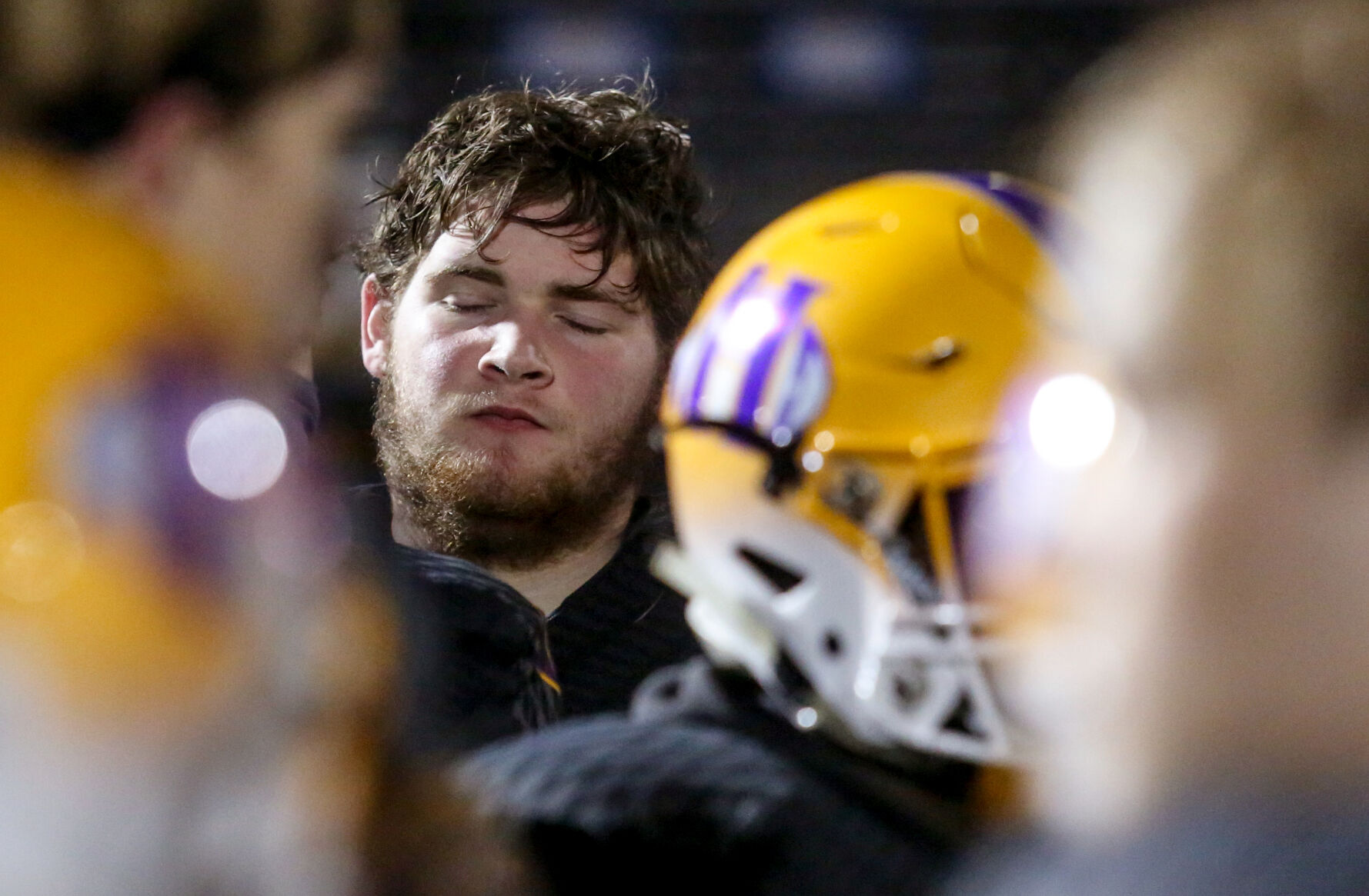 Hickman defensive lineman Koen Crane reacts to head coach Cedric Alvis' speech after the Kewpies lost to Jackson 56-7